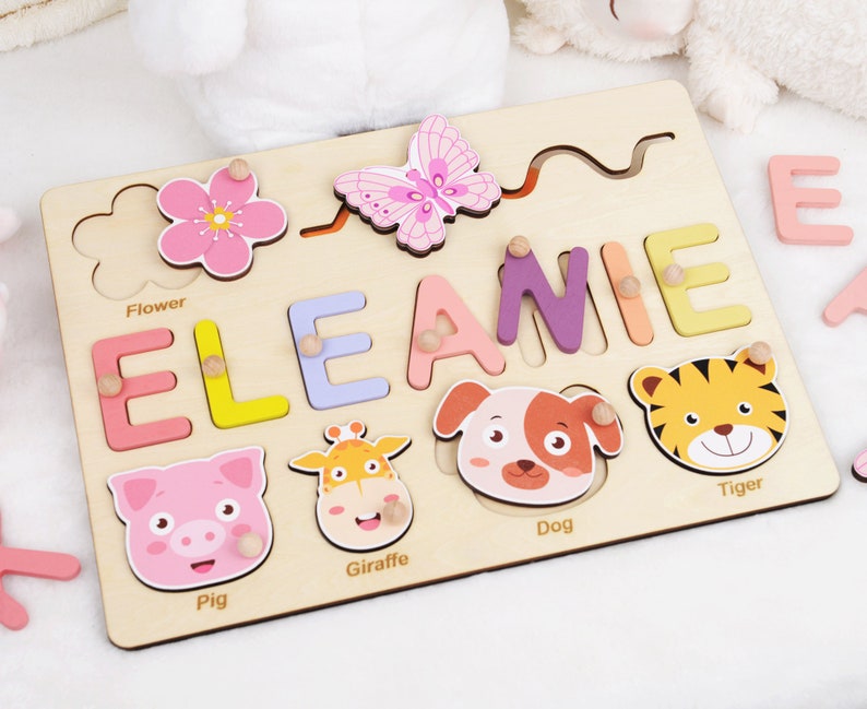 Personalized Baby Busy Board Name Puzzle | Montessori Toy | Birthday or Christmas Gift for Toddlers, Custom Name Puzzle for Baby Girl or Boy top+name+4 animals
