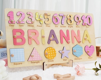 Casse-tête algébrique avec prénoms en bois, casse-tête d'âge préscolaire pour filles, casse-tête personnalisé avec noms et chiffres, casse-tête éducatif pour apprendre les formes