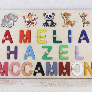 Personalized Baby Name Puzzle, Wooden Name Puzzle with Animals, Toddler Toy, 1st 2nd 3rd Birthday Gift for Kids, Custom New Baby Gift