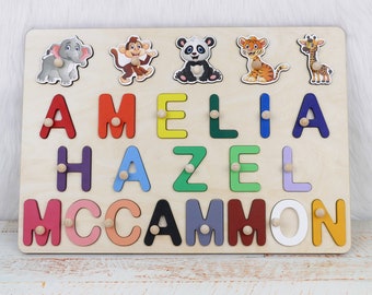Personalized Baby Name Puzzle, Wooden Name Puzzle with Animals, Toddler Toy, 1st 2nd 3rd Birthday Gift for Kids, Custom New Baby Gift