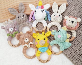 Crochet Toy Rattle for Babies, Personalized Baby Rattle, Baby Shower Gift, Custom Animal Wooden Rattle Ring, Newborn Gift for Niece & Nephew