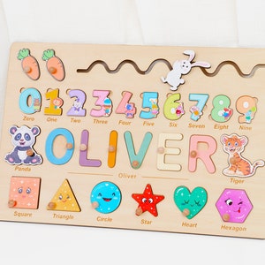 Personalized Wooden Puzzle with Shapes, Animals, and Numbers 0-9, Baby Birthday Gift, Busy Board for Toddler, Kids Gift, Educational Toy image 5