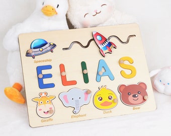 Busy Name Puzzle Baby Gift, Easter Gift, Custom Busy Board, Wooden Name Puzzle, Montessori Toy for Toddlers, Personalized Baby Girl Gift