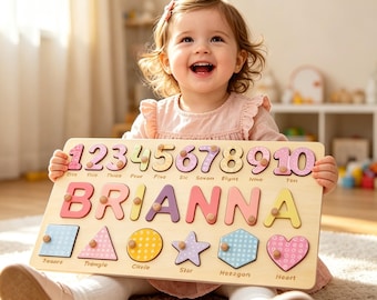 Personalisiertes Namenspuzzle aus Holz mit Formen und Zahlen • Individuelles Puzzle-Geschenk für Kleinkinder • Montessori-Lernspielzeug • Erinnerungsstück für Babys