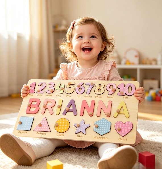 Handcrafted wooden name puzzle incorporating shapes and numbers — a beautiful Montessori learning toy that doubles as nursery décor, with 388 fans to prove it.