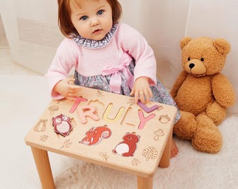 Child&#39;s Name Puzzle Stool, Unique Newborn Baby Gift, Personalized Toddler Bench, Custom Wooden Nursing Name Stool with Forest Animals