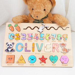 Personalized Wooden Puzzle with Shapes, Animals, and Numbers 0-9, Baby Birthday Gift, Busy Board for Toddler, Kids Gift, Educational Toy image 3