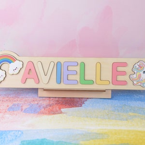 Custom Wooden Name Puzzle with Pegs, Rainbow and Unicorn Toy Gifts for Girls, Toddler Gift,  Personalized Baby Gift, New Baby Gift Ideas