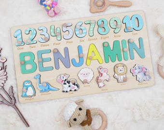 Gepersonaliseerde houten naampuzzel – gepersonaliseerd naamspeelgoed voor peuters met cijfers en leuke vormen, ideaal voor babycadeaus en voorschools leren