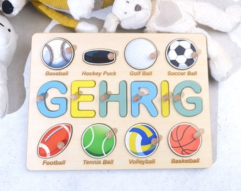 Geburtstagsgeschenke für Jungen, Baby Shower Geschenk, personalisiertes Namenspuzzle mit Kugeln, Ballspiel Holz, Sport Thema Namen Puzzle