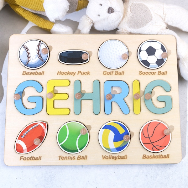 Birthday Gifts for Boys, Baby Shower Gift, Personalized Name Puzzle with Balls, Ball Game Wooden Matching Board, Sports Theme Name Puzzle