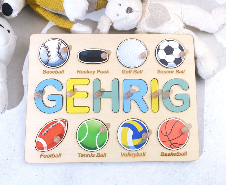 Geburtstagsgeschenke für Jungen, Baby Shower Geschenk, personalisiertes Namenspuzzle mit Kugeln, Ballspiel Holz, Sport Thema Namen Puzzle Bild 1