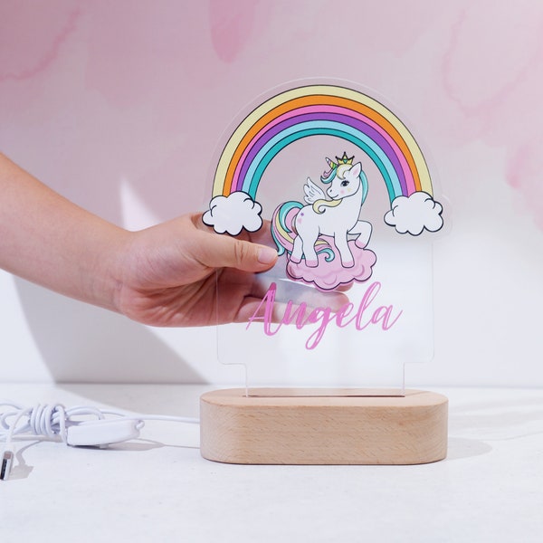 Veilleuse licorne, lampe de nuit arc-en-ciel, veilleuse personnalisée pour enfants, lampe de pépinière pour filles, lampe de table pour enfant, cadeau pour bébé avec nom d’enfant