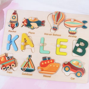 Birthday Gift for Baby Boys, Vehicles Words Matching Game, Wooden Name Puzzle, Personalized Wooden Memory Toy, Christmas Gift for Babies image 3