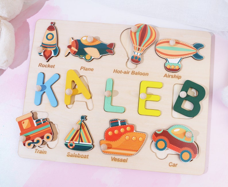 Christmas Gift for Babies, 2nd Birthday Gift for Baby Boy, Wooden Name Puzzle with Vehicles, Personalized Wooden Memory Toy, Gift for Nephew image 5