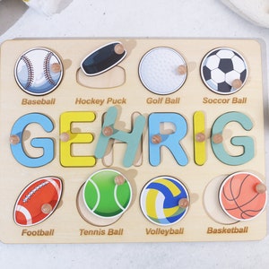 Verjaardagscadeaus voor jongens, babyshowercadeau, gepersonaliseerde naampuzzel met ballen, balspel houten bijpassend bord, sportthema naampuzzel afbeelding 3