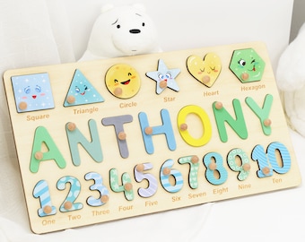 Custom Wooden Name Puzzle, Preschool Puzzle Toy Gift for Boys, Personalized Name Puzzle with Shapes and Numbers, 3rd Birthday Baby Gifts
