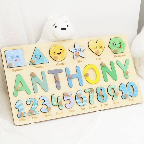 Custom Wooden Name Puzzle, Preschool Puzzle Toy Gift for Boys, Personalized Name Puzzle with Shapes and Numbers, 3rd Birthday Baby Gifts