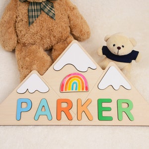 Custom Nursery Decor Name Sign Mountain Shape, 1er anniversaire Baby Shower Gift, Rainbow Cloud Name Puzzle for Toddlers, Montessori Child Toy image 4