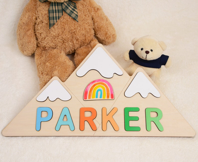 Custom Nursery Decor Name Sign Mountain Shape, 1er anniversaire Baby Shower Gift, Rainbow Cloud Name Puzzle for Toddlers, Montessori Child Toy image 4