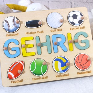 Geburtstagsgeschenke für Jungen, Baby Shower Geschenk, personalisiertes Namenspuzzle mit Kugeln, Ballspiel Holz, Sport Thema Namen Puzzle Bild 4