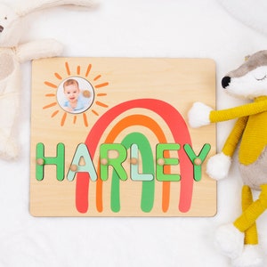 Custom Nursery Decor Name Sign with Sun Rainbow & Baby&#39;s Photo, Wood Name Puzzle,New Born Child Baby Shower Gift, 1st Birthday Gift