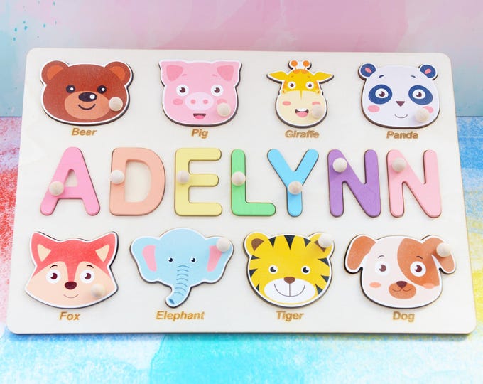 Personalized Wooden Name Puzzle for Girls, Colorful Educational Toy with Name and Animals,  Preschoolers Christmas Gift