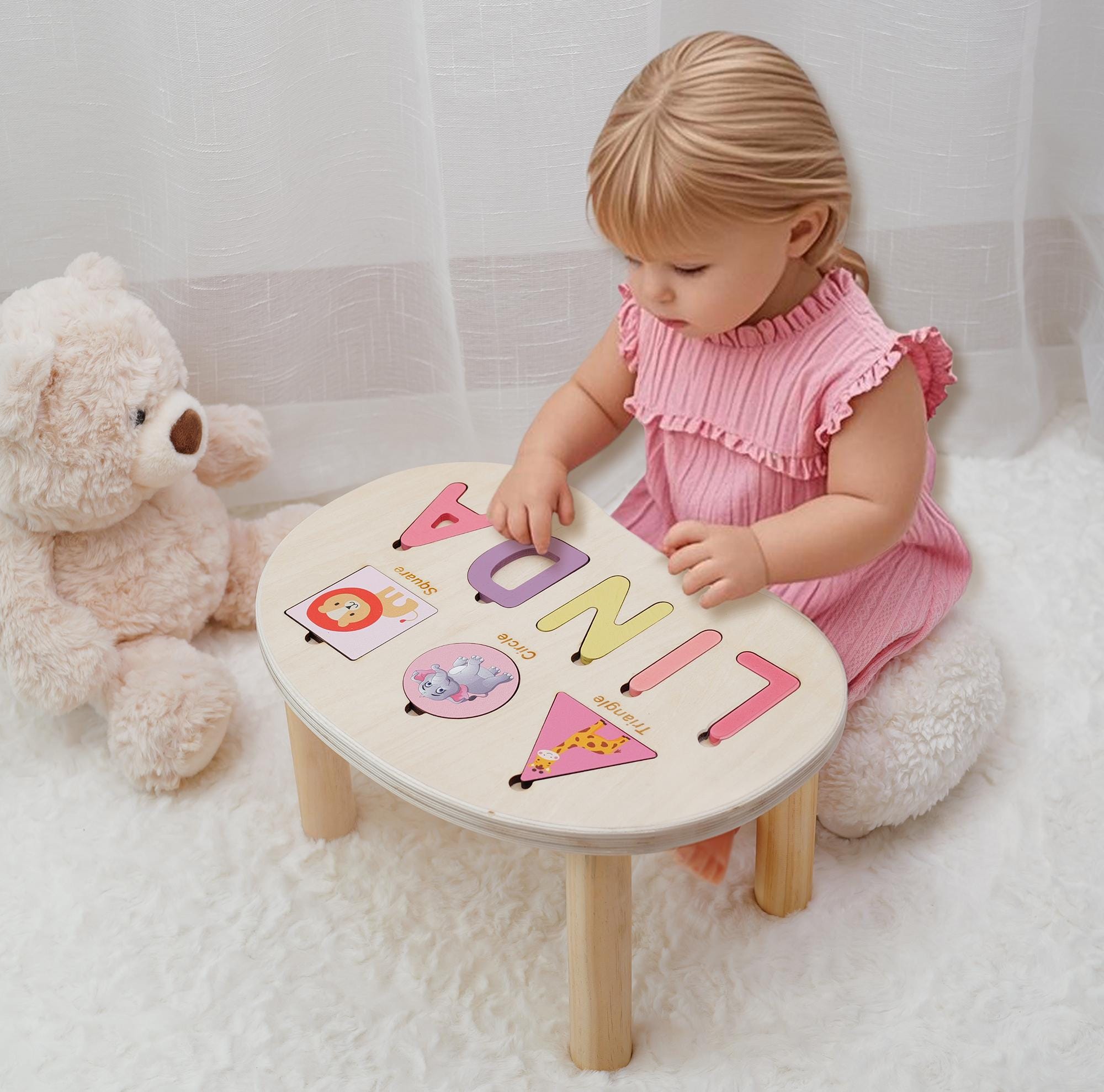 Personalized Toddler Puzzle Stool: Custom Name Gift for 1–3 Year Olds – Wooden Educational Stool for Baby Shower or Birthday, 1st Christmas