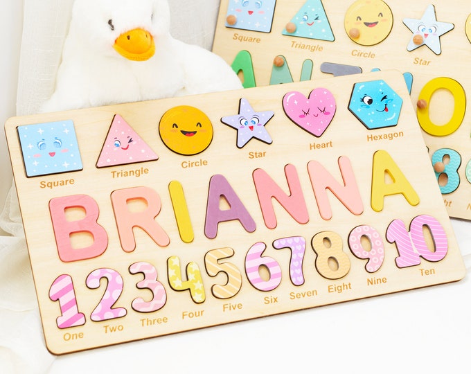 Preschool Puzzle Toy Gift for Boys and Girls, Custom Name Puzzle with Numbers & Geometry Shapes, Educational Name and Number Puzzle for Kids