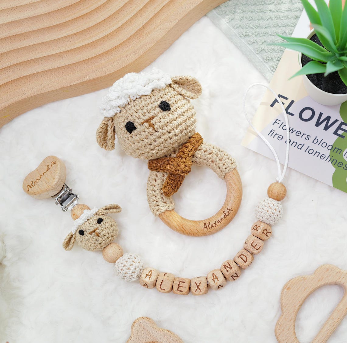 Crochet Lamb Rattle & Pacifier Clip for Babies, Custom Wooden Baby ...