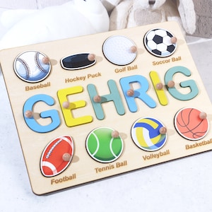 Birthday Gifts for Boys, Baby Shower Gift, Personalized Name Puzzle with Balls, Ball Game Wooden Matching Board, Sports Theme Name Puzzle image 2