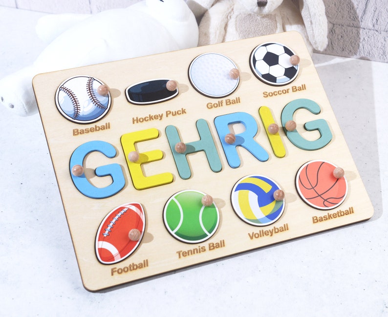 Verjaardagscadeaus voor jongens, babyshowercadeau, gepersonaliseerde naampuzzel met ballen, balspel houten bijpassend bord, sportthema naampuzzel afbeelding 2