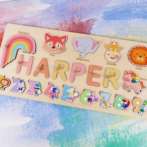 Personalized Puzzle for Name Numbers & Animals, Custom Toy Gifts, Rainbow Wooden Name Puzzle, Unique Baby Gift, 4th Birthday Gift for Girls