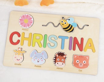Personalized Name Puzzle with Animals,  Montessori Toy Puzzle with Custom Name, Wooden Name Puzzle with Pegs, Easter Gift, Baby Shower Gift