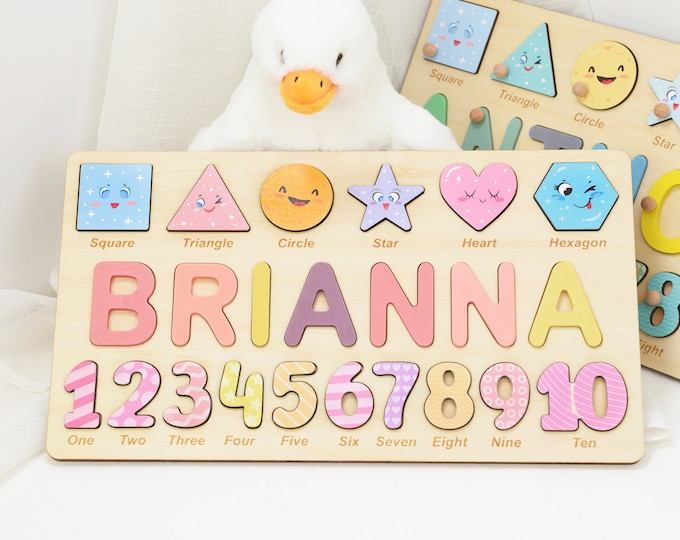 Algebraic Wooden Name Puzzle, Preschool Puzzle Toys for Girls, Personalized Name and Number Puzzle, Educational Puzzle for Learning Shapes