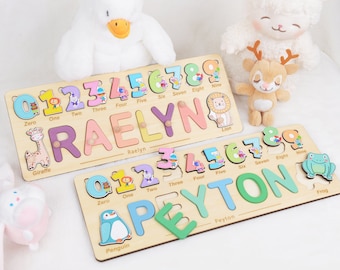 Personalized Wooden Name Puzzle with Numbers, Christmas Present for Children, Custom Birthday Gift Baby Girls and Boys, Early Learning Toy