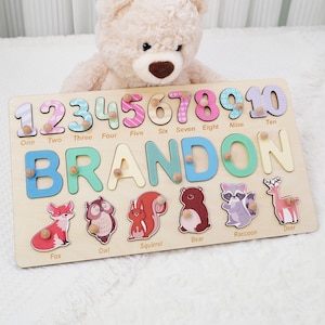 Personalized Wooden Name Puzzle with Numbers and Animals, Custom Toddler Puzzle, Baby Shower Gift, Montessori Learning Toy 1st Birthday Gift