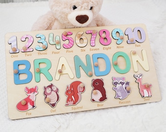 Personalized Wooden Name Puzzle with Numbers and Animals, Custom Toddler Puzzle, Baby Shower Gift, Montessori Learning Toy 1st Birthday Gift