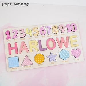 Personligt namnpussel i trä, present till pojkar och flickor, anpassade babygåvor, namnpussel med siffror, geometriska former, gravyr på baksidan bild 5
