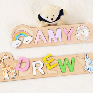 Personalisiertes Baby-Dusche-Mädchen-Geschenk, personalisiertes Kleinkind-Puzzle mit Regenbogen und Einhorn, Holzbuchstaben verfügbar in 26 verschiedenen Farben