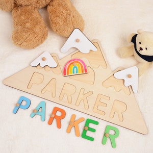 Custom Nursery Decor Name Sign Mountain Shape, 1er anniversaire Baby Shower Gift, Rainbow Cloud Name Puzzle for Toddlers, Montessori Child Toy image 9