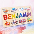 Christmas Gift for Babies, 2nd Birthday Gift for Baby Boy, Wooden Name Puzzle with Vehicles, Personalized Wooden Memory Toy, Gift for Nephew product logo