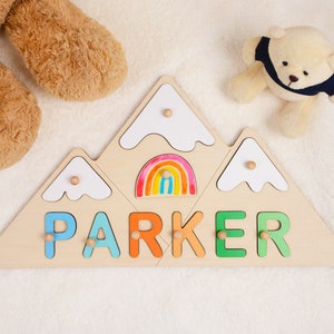 Custom Nursery Decor Name Sign Mountain Shape, 1er anniversaire Baby Shower Gift, Rainbow Cloud Name Puzzle for Toddlers, Montessori Child Toy image 7