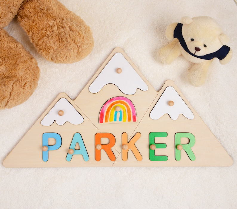 Custom Nursery Decor Name Sign Mountain Shape, 1er anniversaire Baby Shower Gift, Rainbow Cloud Name Puzzle for Toddlers, Montessori Child Toy image 7