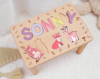Toddler Step Stool with Personalized Name Hand Made Custom Name Stool Puzzle Stool Custom Birthday Gift Baptism Boy Gift Nursery Decor