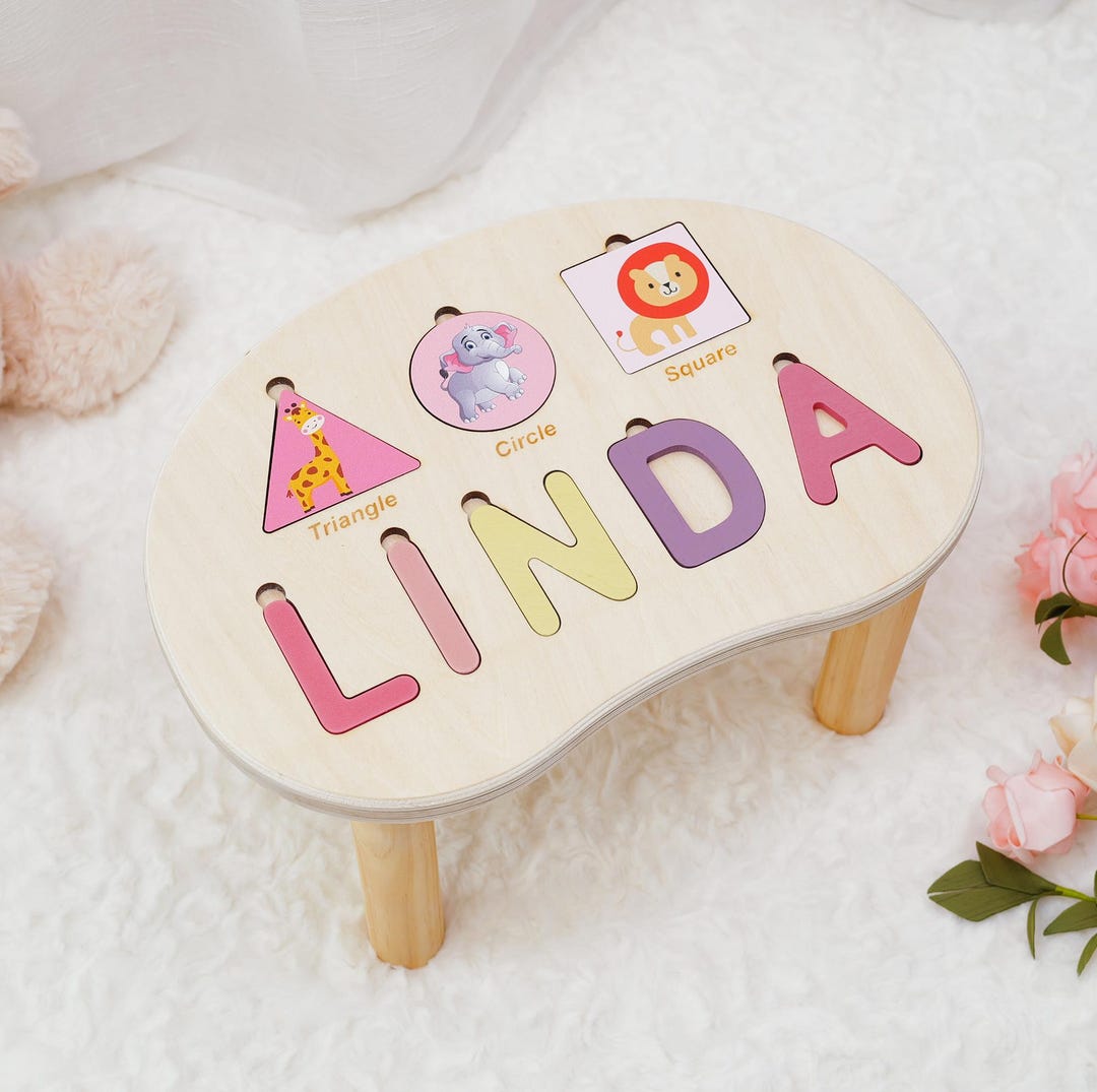 Personalized Name Puzzle Stool With Shapes | Custom Wooden Step Stool ...