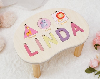 Personalized Name Puzzle Stool with Shapes | Custom Wooden Step Stool for Kids | Educational Gift for Toddlers | Montessori Toy