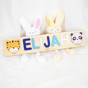 Casse-tête personnalisé en bois avec têtes d&#39;animaux colorées, cadeau personnalisé pour nouveau-né, cadeau de premier anniversaire pour enfant, cadeau parfait pour une baby shower