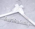 Rustic Wood Name Wedding Hanger Engraved with Date, Bridal Shower Gift to Bride, Mrs Hanger Bride Name Hanger Laser Cut, Groom Dress Hanger product logo