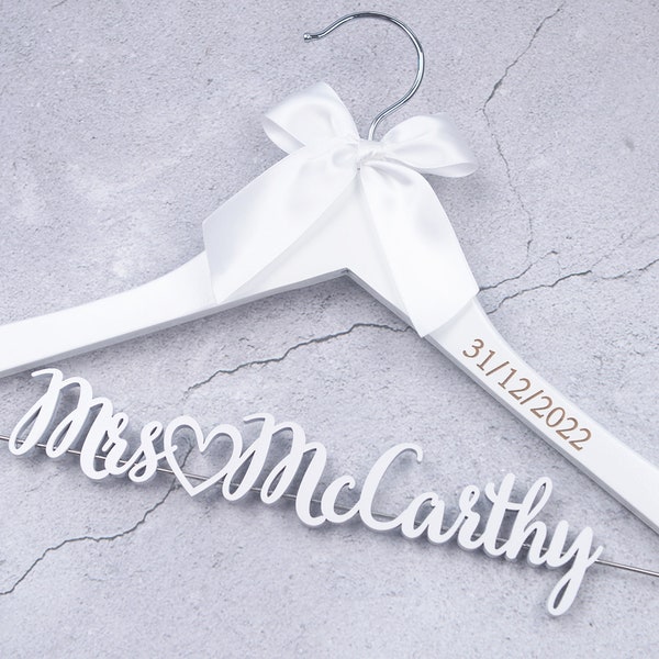 Rustic Wood Name Wedding Hanger Engraved with Date, Bridal Shower Gift to Bride, Mrs Hanger Bride Name Hanger Laser Cut, Groom Dress Hanger